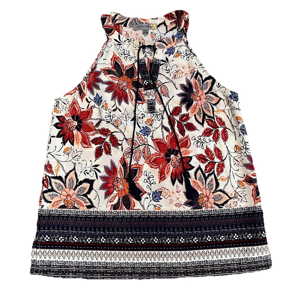 Figueroa & Flower Floral Top Women's M Feminine Crepe Style‎ Blade Collar Tassel